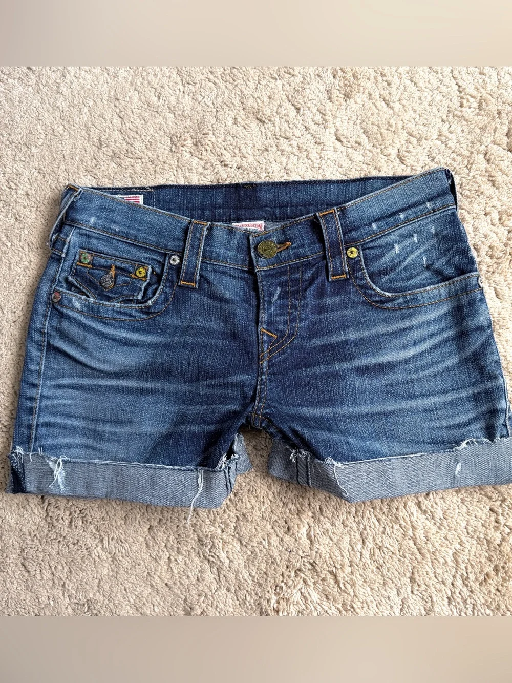 True Religion Womens Shorts Size 26 Cameron Cut Off Denim Blue Jean Cuffed Y2K